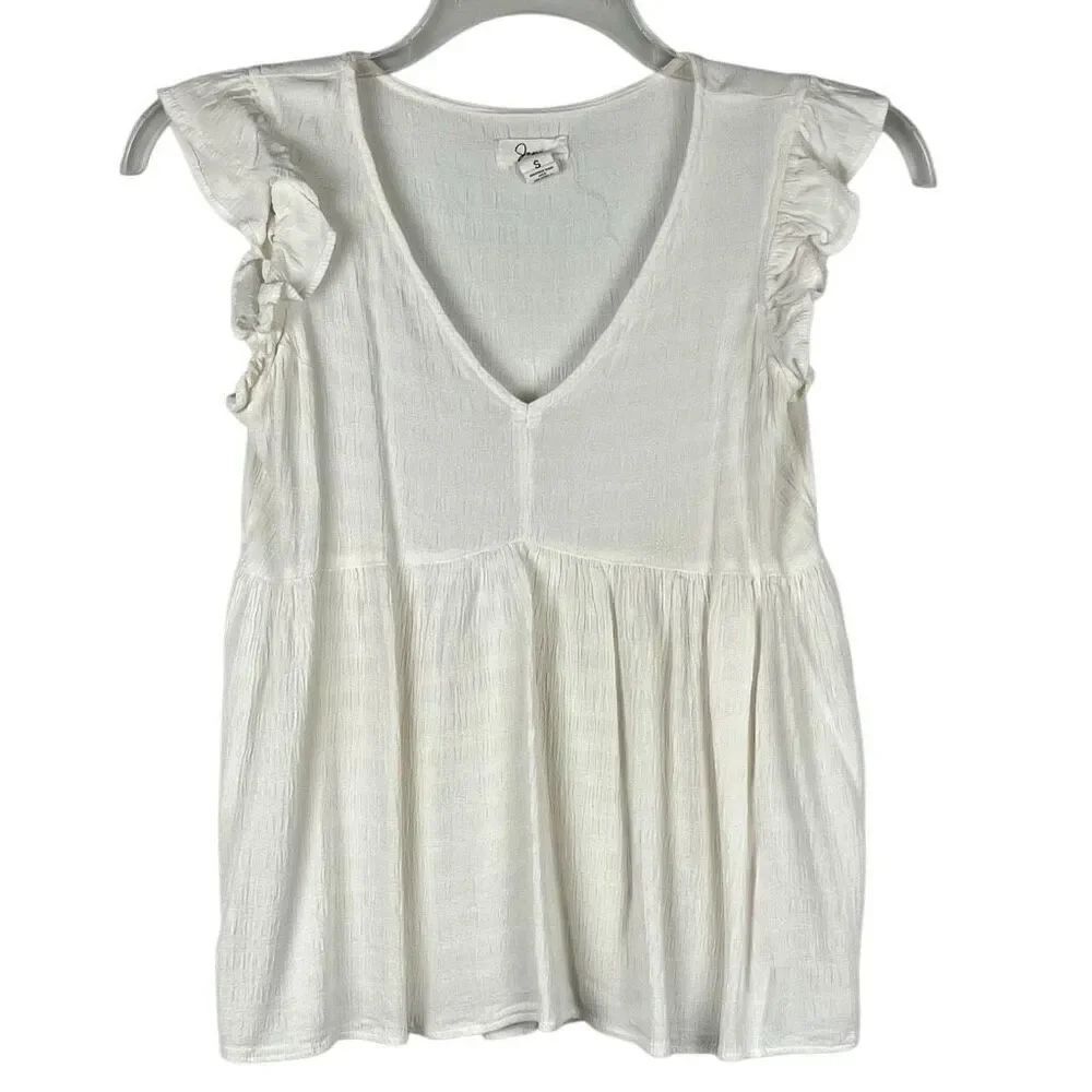 Japna 100% Viscose White Boho Cap Sleeve V-neck Peasant Top Babydoll Small